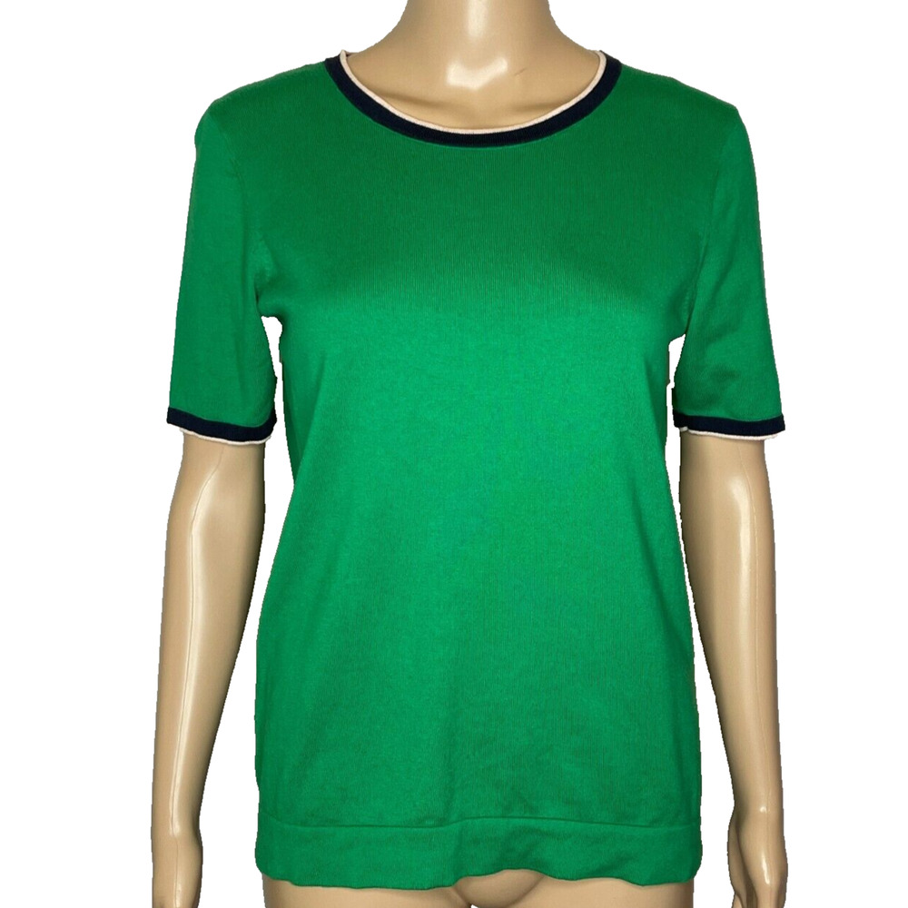 Boden Green Short-Sleeve Crewneck Sweater with Navy Trim